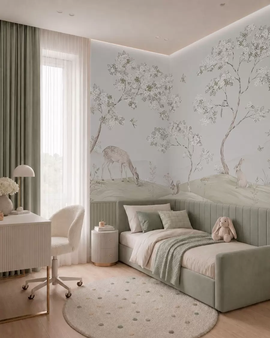 murales de pared Árboles en flor con un ciervo, una liebre y una ardilla en tonos azules w05809v1