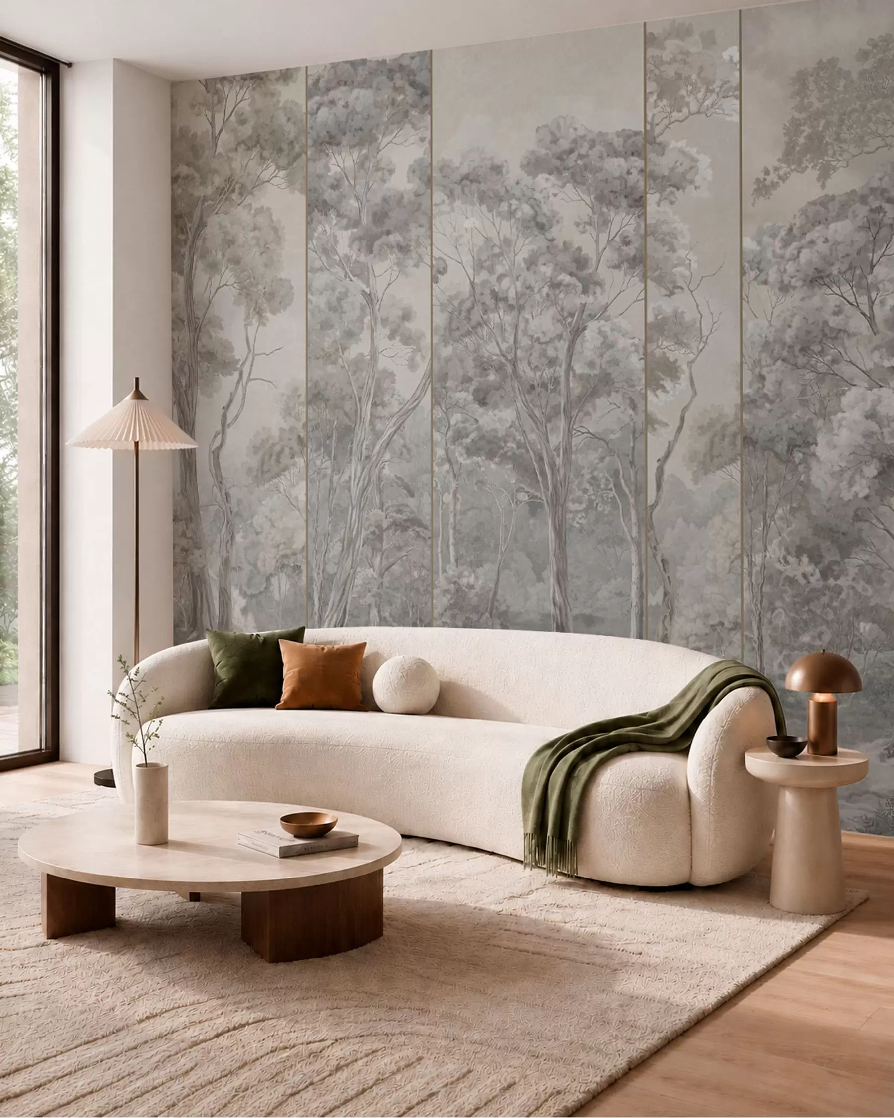 murales de pared Un bosque panorámico con árboles altos en tonos suaves y frescos w05811v1