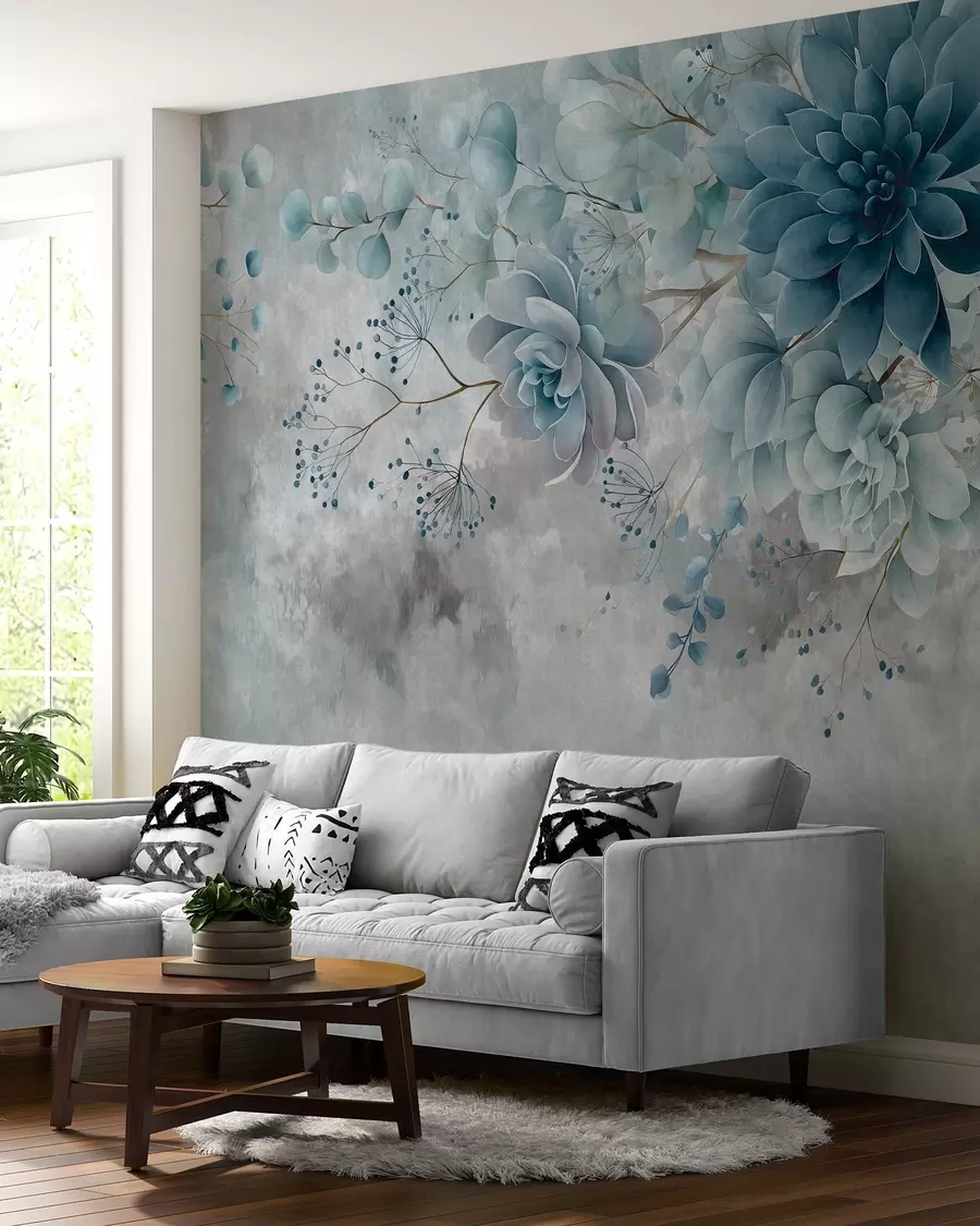 murales de pared Una vista desde arriba de unas flores fantásticas de estilo retro, en tonos azules y turquesa w05753v1