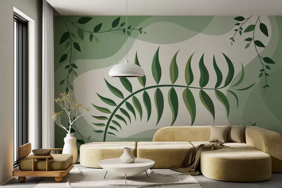 murales de pared Una hoja de helecho curvada en tonos verdes w05756