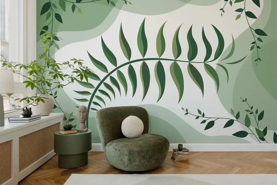 murales de pared Una hoja de helecho curvada en tonos verdes w05756