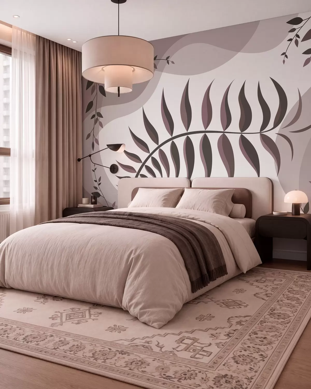 murales de pared Una hoja de helecho curvada en tonos rosa empolvado w05756v1