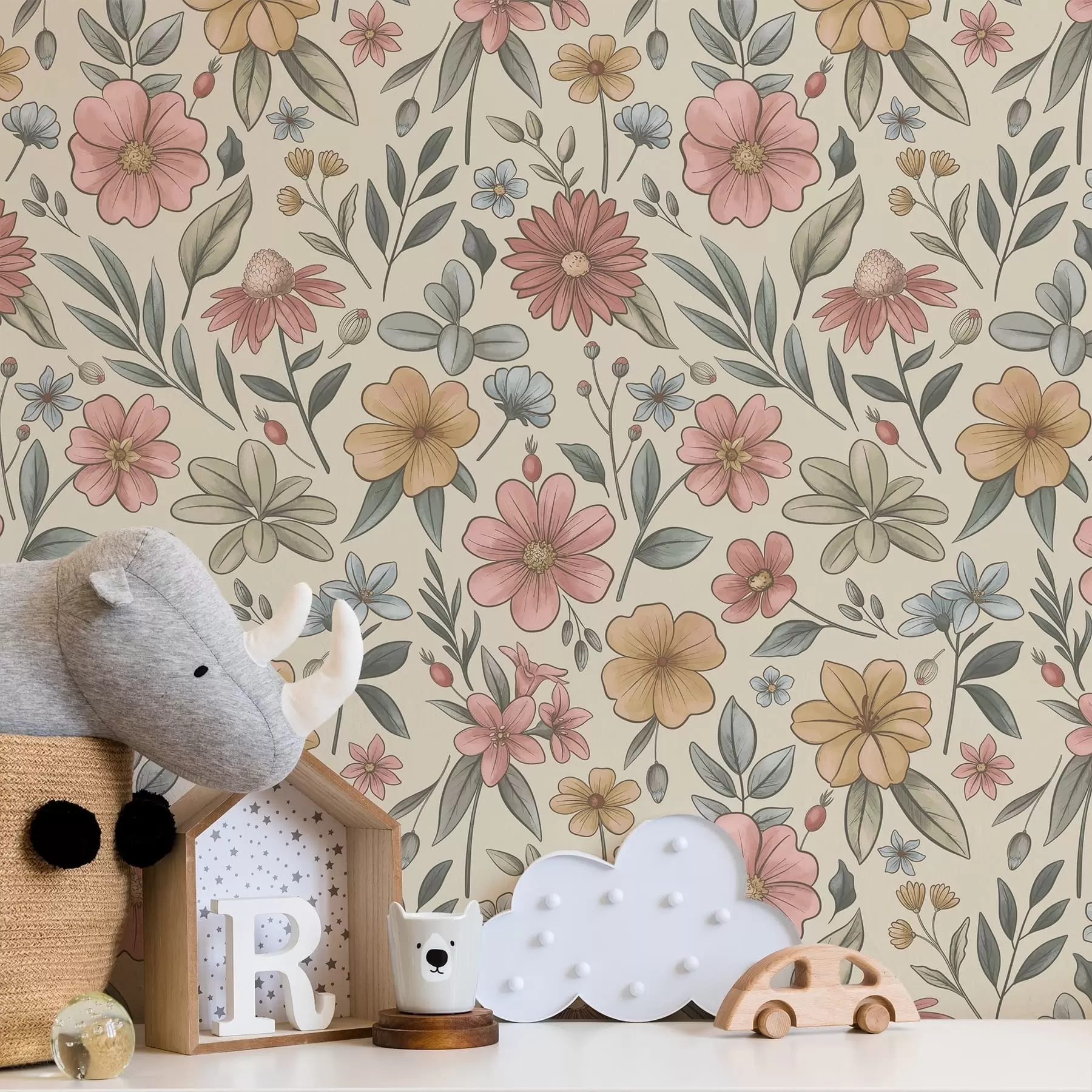 murales de pared Flores silvestres y follaje en tonos pastel a01243