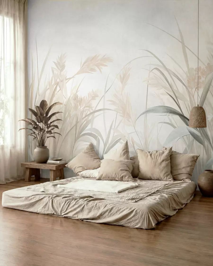 murales de pared Hierbas altas y delicadas y juncos en tonos suaves y apagados de beige, crema y verde, con textura w09981