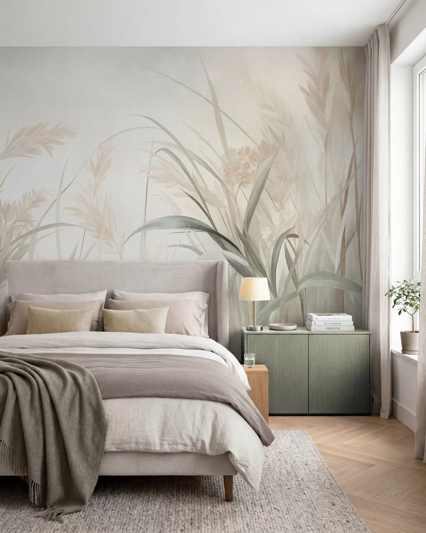 murales de pared Hierbas altas y delicadas y juncos en tonos suaves y apagados de beige, crema y verde, con textura w09981
