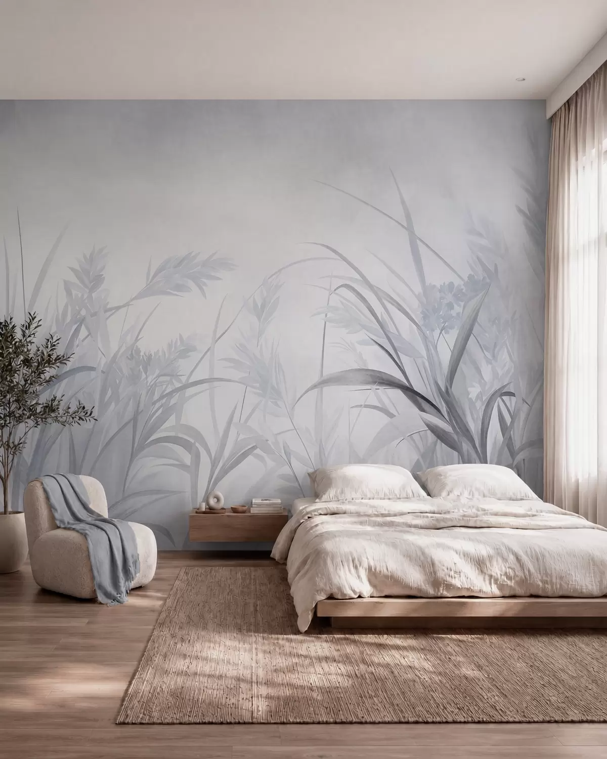 murales de pared Hierba alta y rala y juncos en tonos suaves y apagados de azul y gris, con textura w09981v2