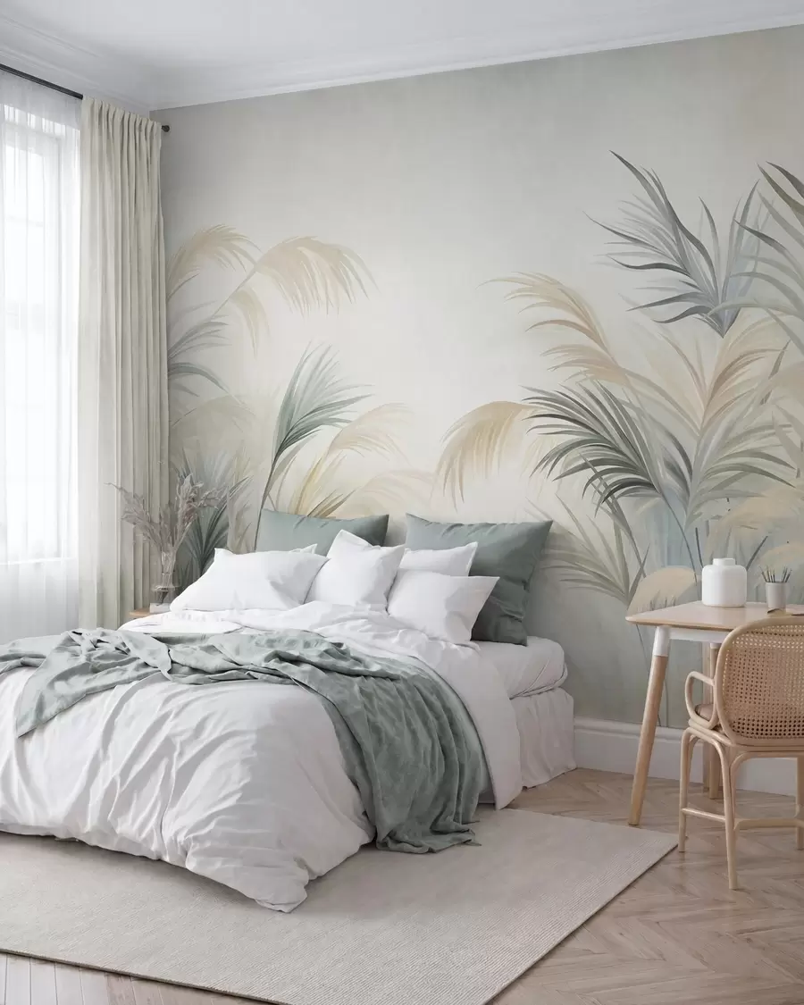 murales de pared Plantas altas en tonos apagados de beige, verde y gris sobre un fondo de textura suave w09984
