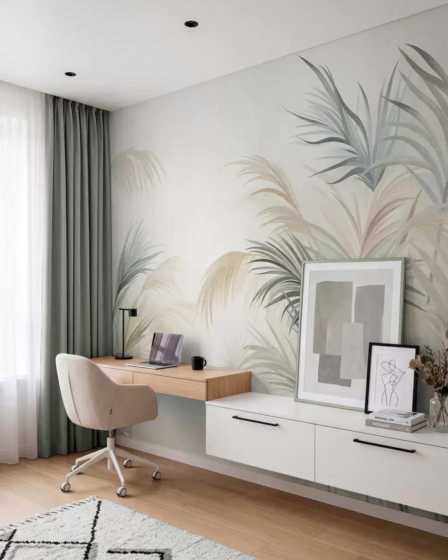 murales de pared Plantas altas en tonos apagados de beige, verde y gris sobre un fondo de textura suave w09984