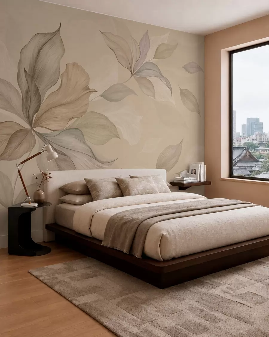 murales de pared Hojas decorativas grandes sobre un fondo cálido w05733