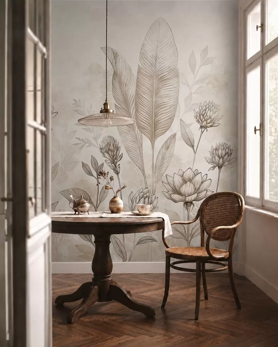 murales de pared Composición botánica con flores y hojas w05802