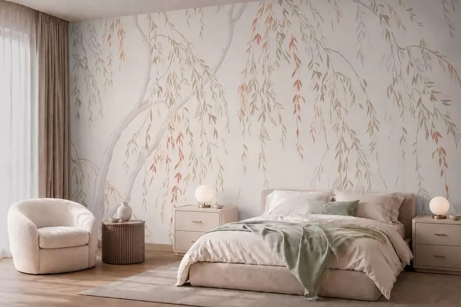 murales de pared Ramas delgadas con hojas en tonos pastel w05812