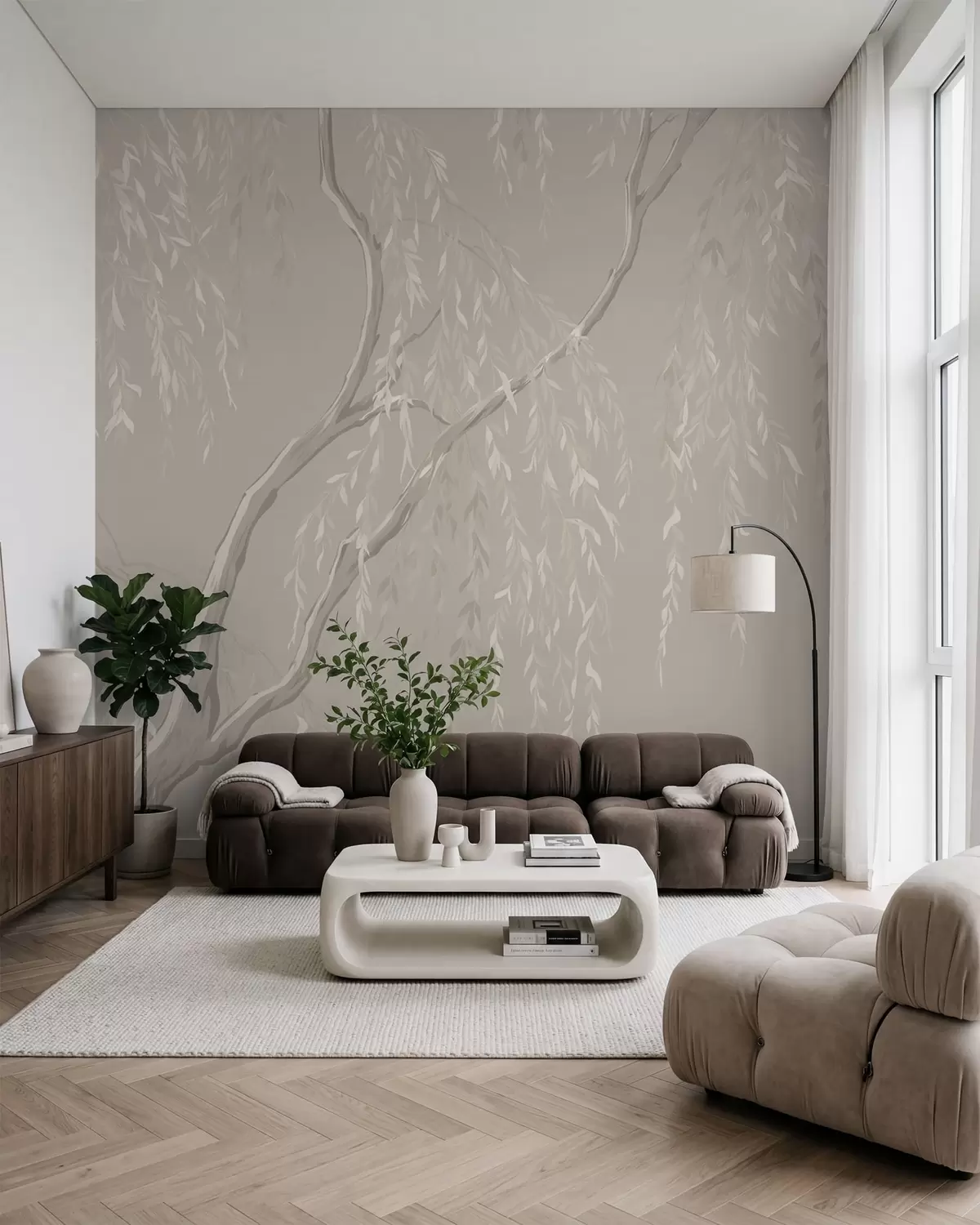 murales de pared Ramas claras con hojas blancas sobre un fondo cálido w05812v2