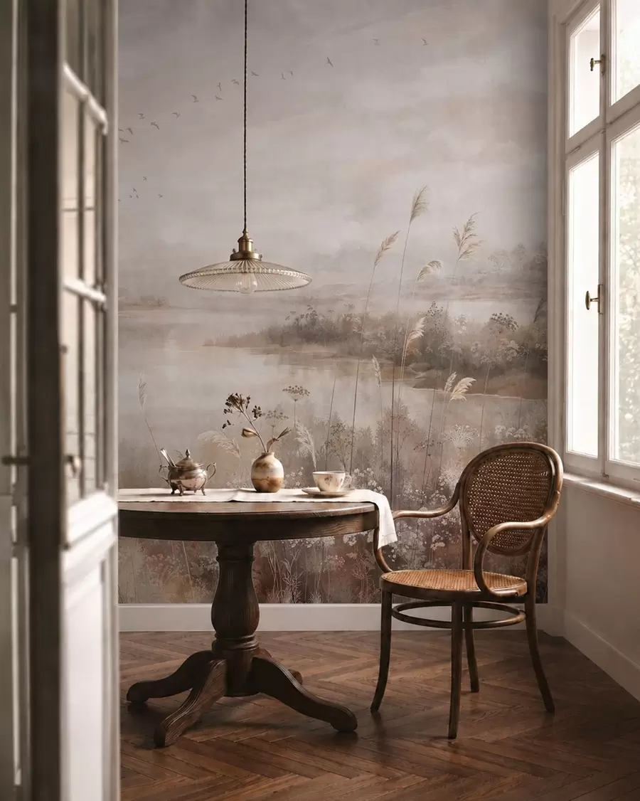 murales de pared Paisaje brumoso a orillas de un lago con flores silvestres w05813