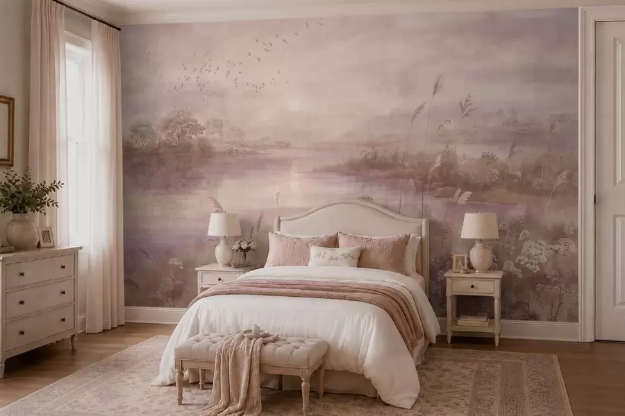 murales de pared Lago de tonos rosados con flores silvestres w05813v1