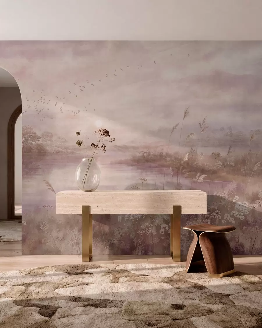 murales de pared Lago de tonos rosados con flores silvestres w05813v1
