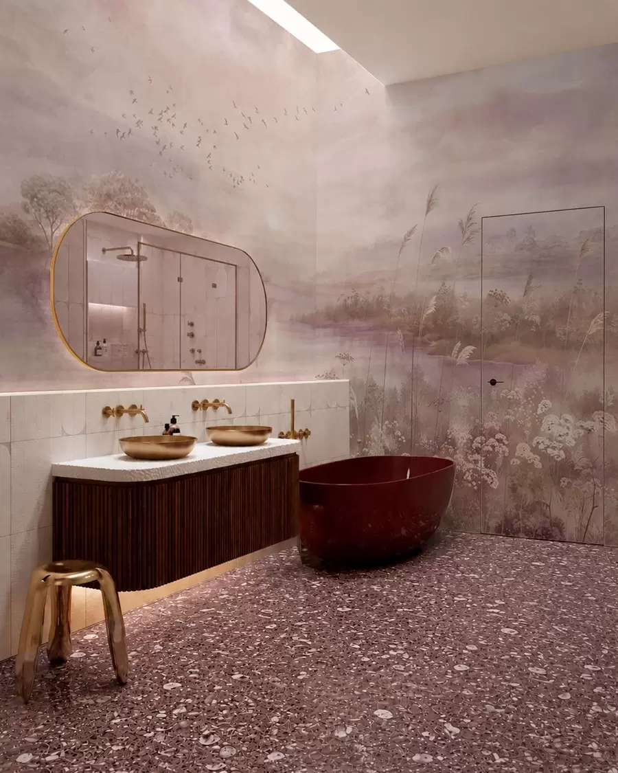 murales de pared Lago de tonos rosados con flores silvestres w05813v1