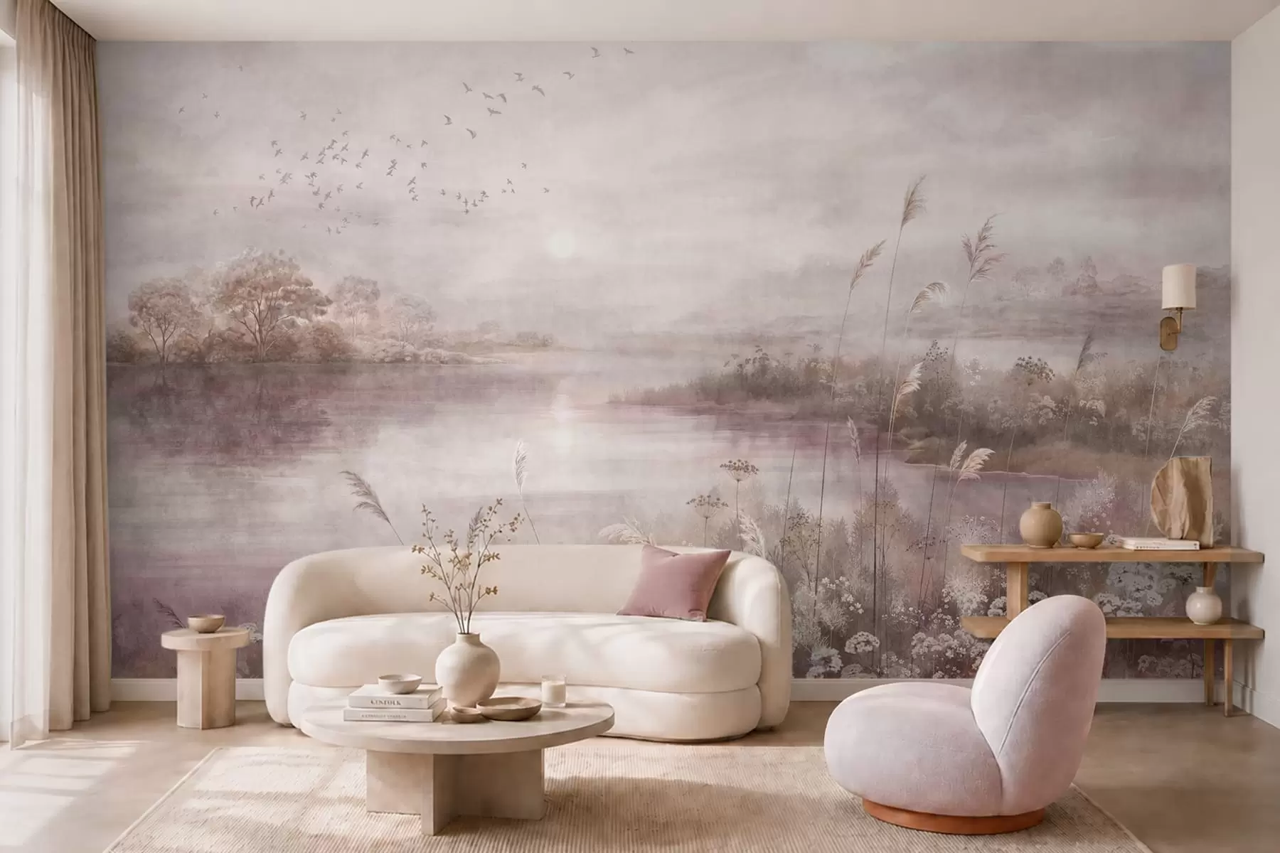 murales de pared Lago tranquilo en suaves tonos lila w05813v2