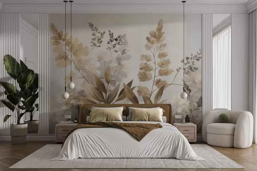 murales de pared Arte botánico con textura, diversas plantas y hojas en tonos marrones y beige w09979