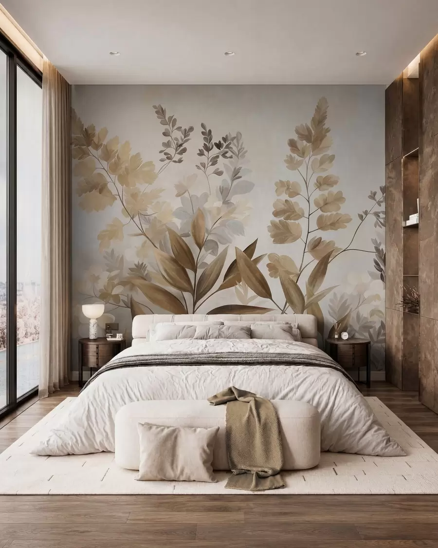 murales de pared Arte botánico con textura, diversas plantas y hojas en tonos marrones y beige w09979