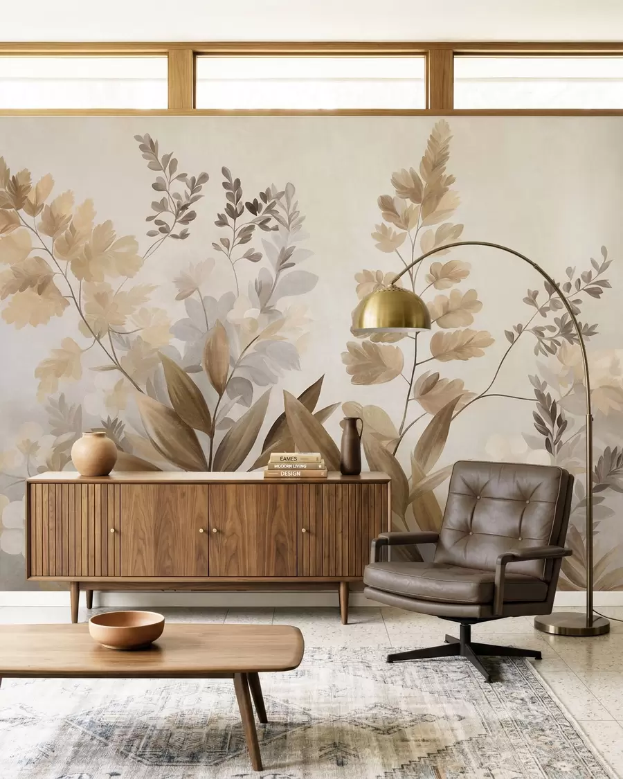 murales de pared Arte botánico con textura, diversas plantas y hojas en tonos marrones y beige w09979