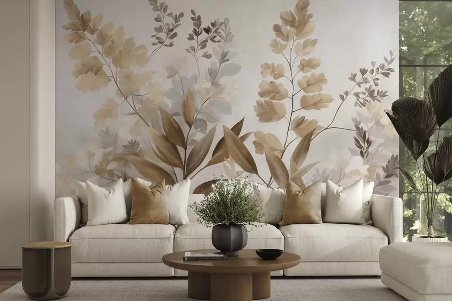 murales de pared Arte botánico con textura, diversas plantas y hojas en tonos marrones y beige w09979
