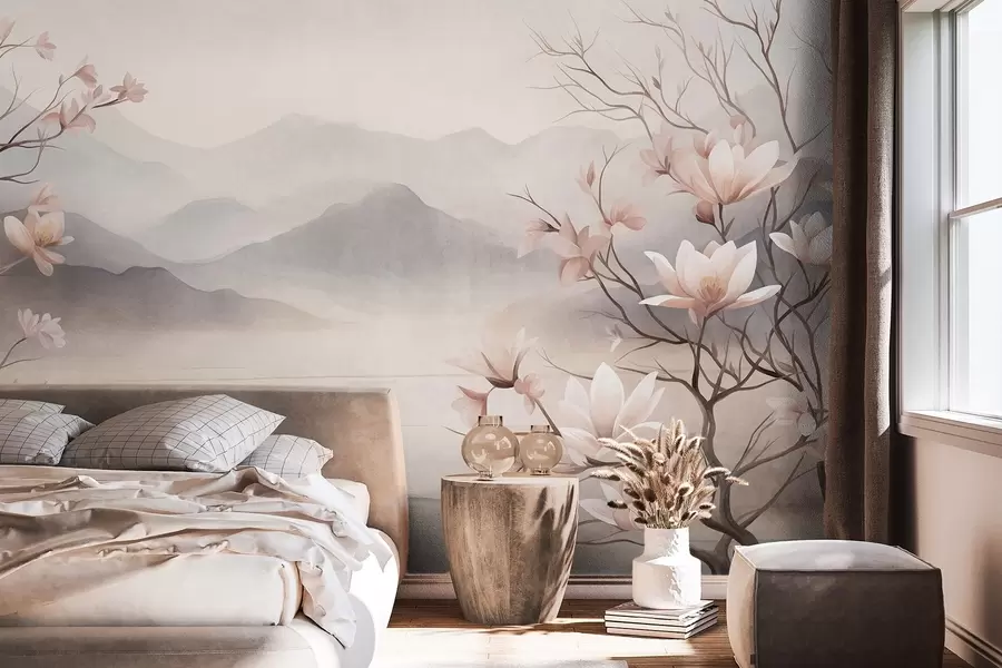 murales de pared Montañas y ramas de magnolia en flor de color rosa, paisaje con textura w10013