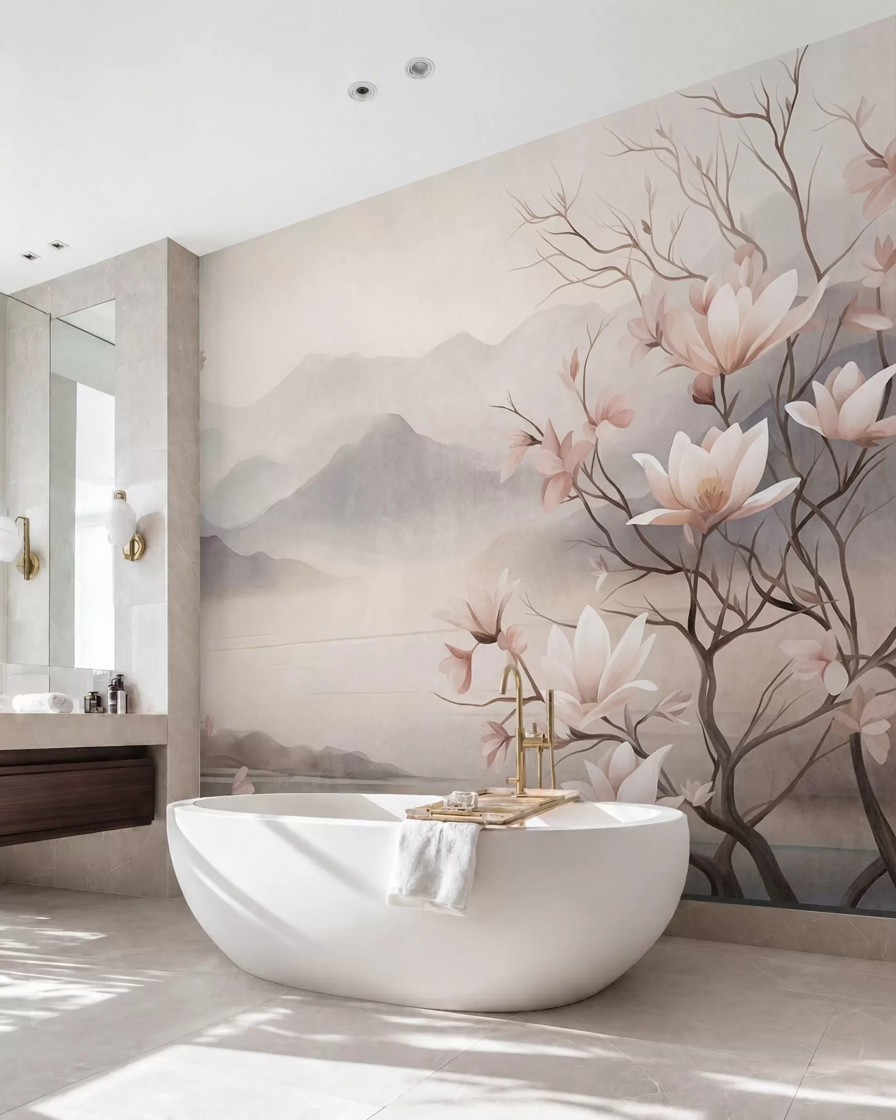 murales de pared Montañas y ramas de magnolia en flor de color rosa, paisaje con textura w10013