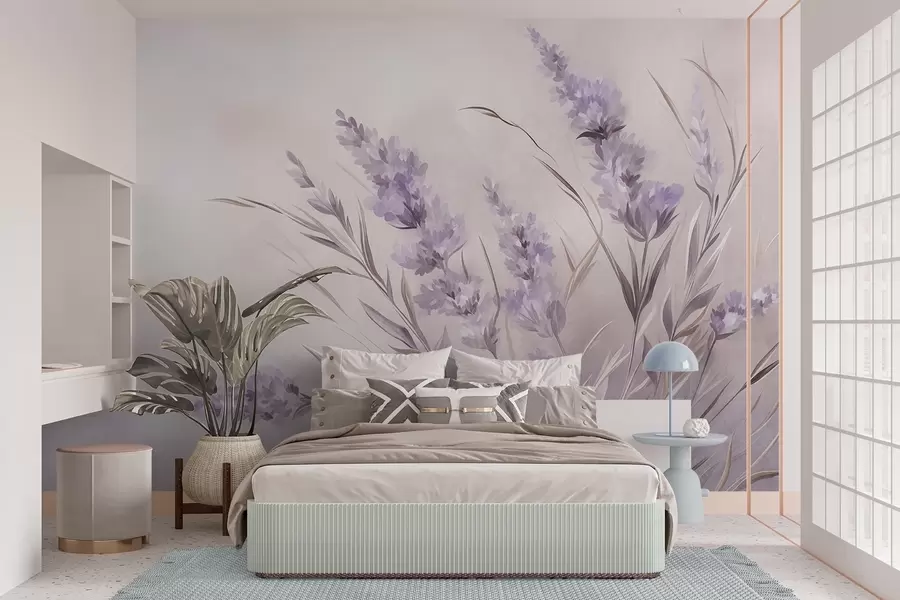murales de pared Flores de lavanda con tallos y hojas largos, obra de arte con una textura suave en tonos pastel w10018