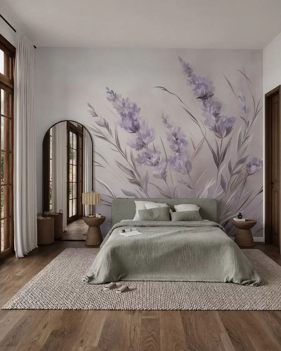 murales de pared Flores de lavanda con tallos y hojas largos, obra de arte con una textura suave en tonos pastel w10018