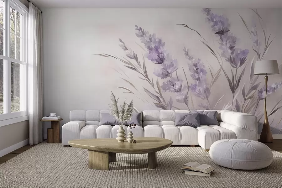 murales de pared Flores de lavanda con tallos y hojas largos, obra de arte con una textura suave en tonos pastel w10018