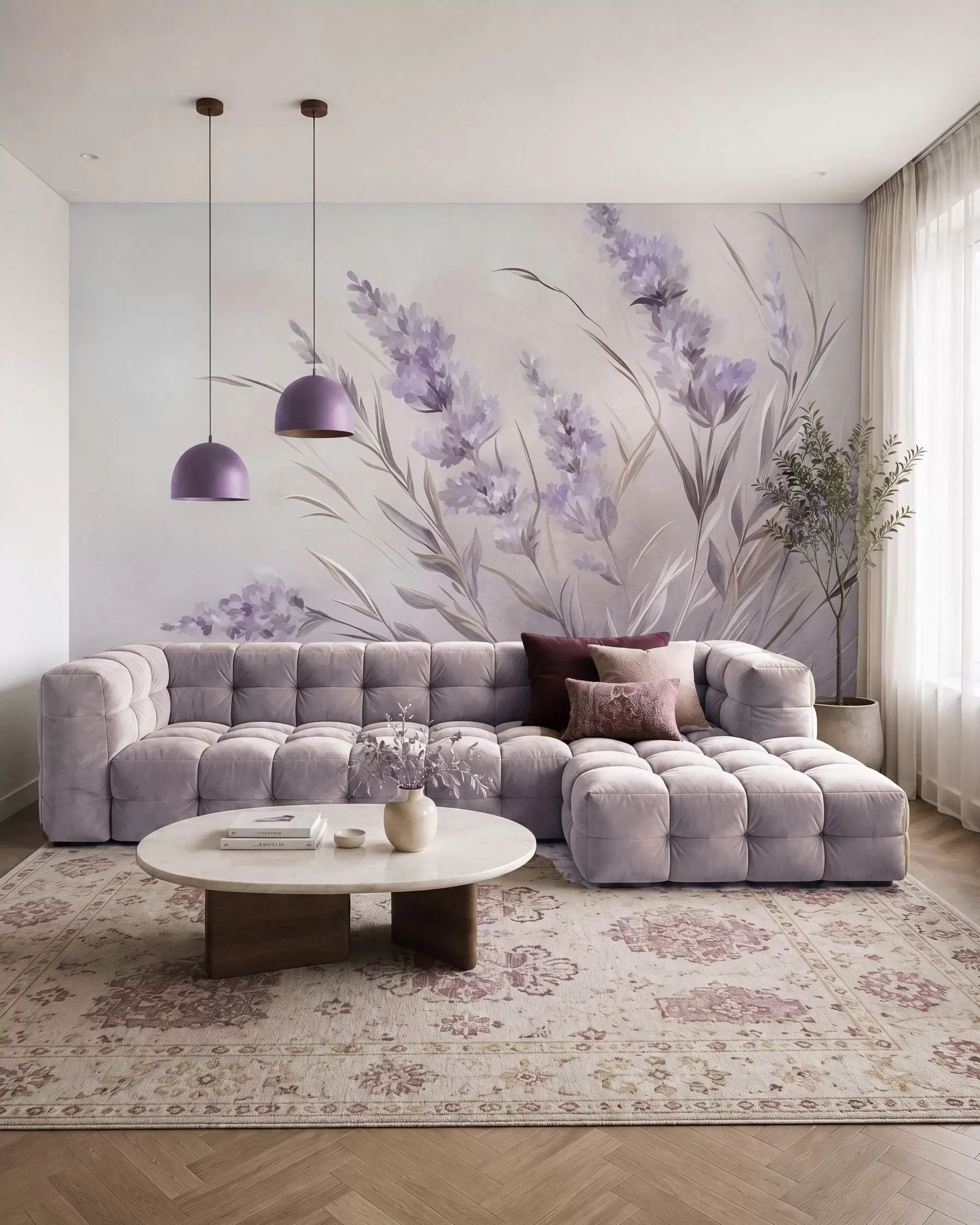 murales de pared Flores de lavanda con tallos y hojas largos, obra de arte con una textura suave en tonos pastel w10018