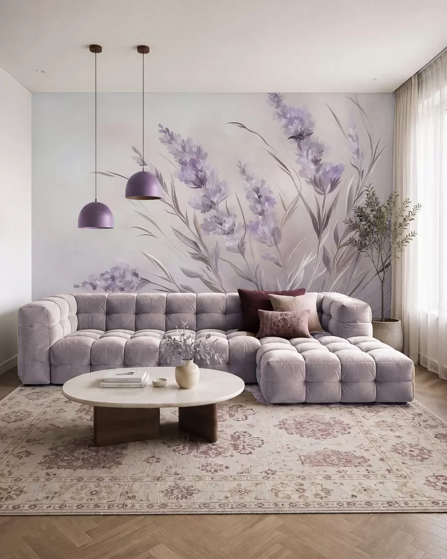 murales de pared Flores de lavanda con tallos y hojas largos, obra de arte con una textura suave en tonos pastel w10018