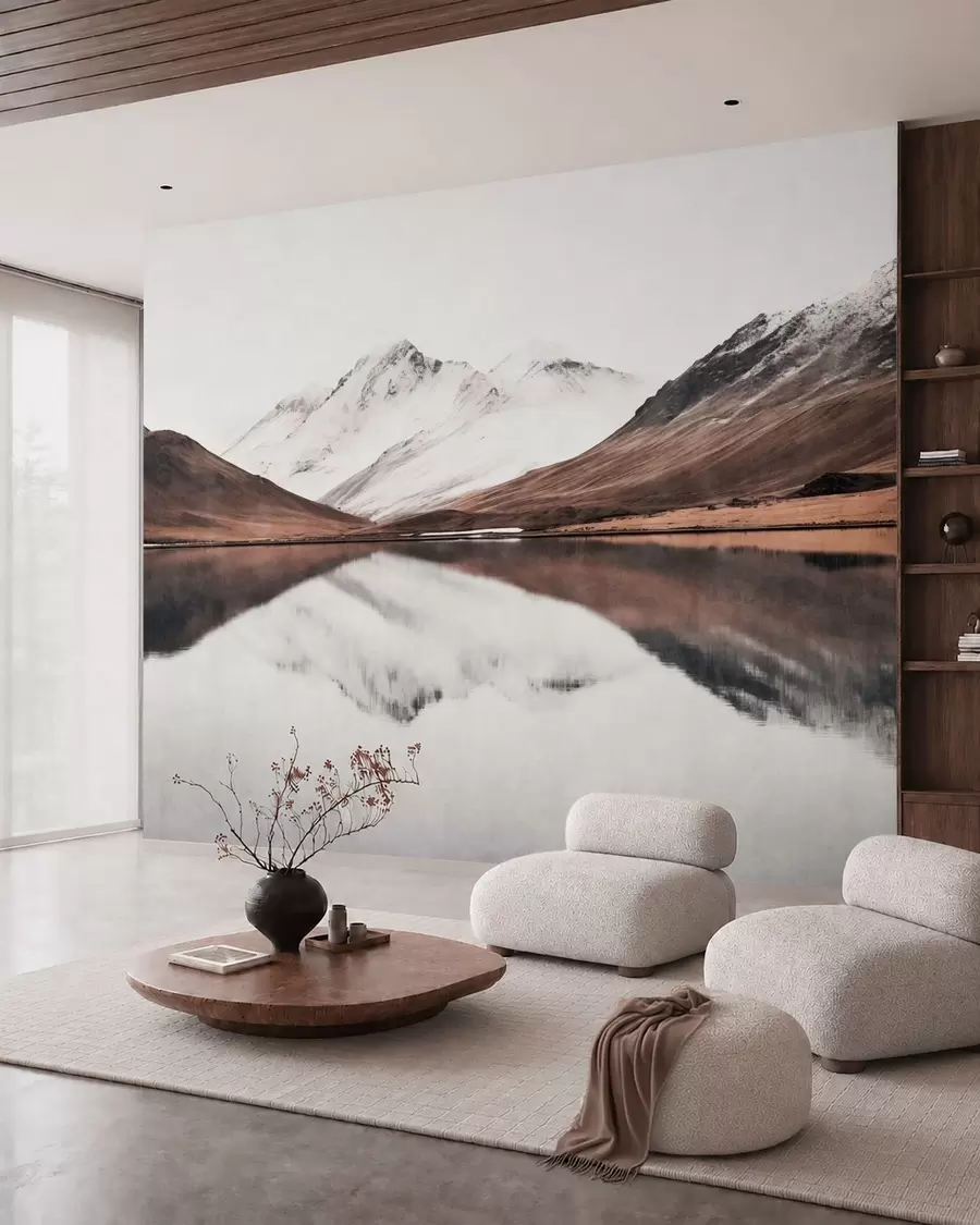 murales de pared Cumbres nevadas y un lago tranquilo con un reflejo como un espejo w05816