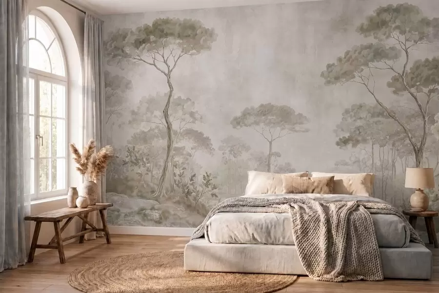 murales de pared Un bosque brumoso junto a unas aguas tranquilas, en suaves tonos pastel naturales w05817