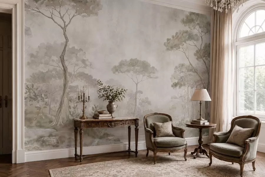 murales de pared Un bosque brumoso junto a unas aguas tranquilas, en suaves tonos pastel naturales w05817