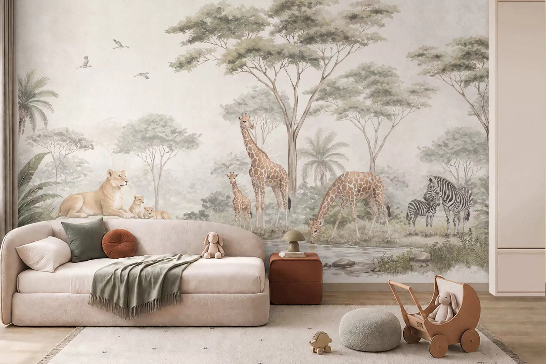 murales de pared Safari con jirafas, leones, cebras y árboles tropicales w05804