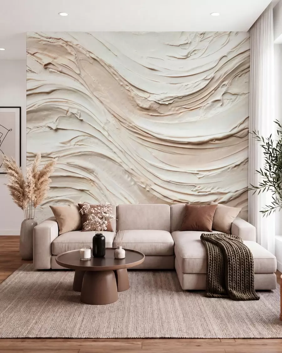 murales de pared Ondas cálidas en tonos crema y melocotón que imitan el yeso texturizado, abstractas w09990