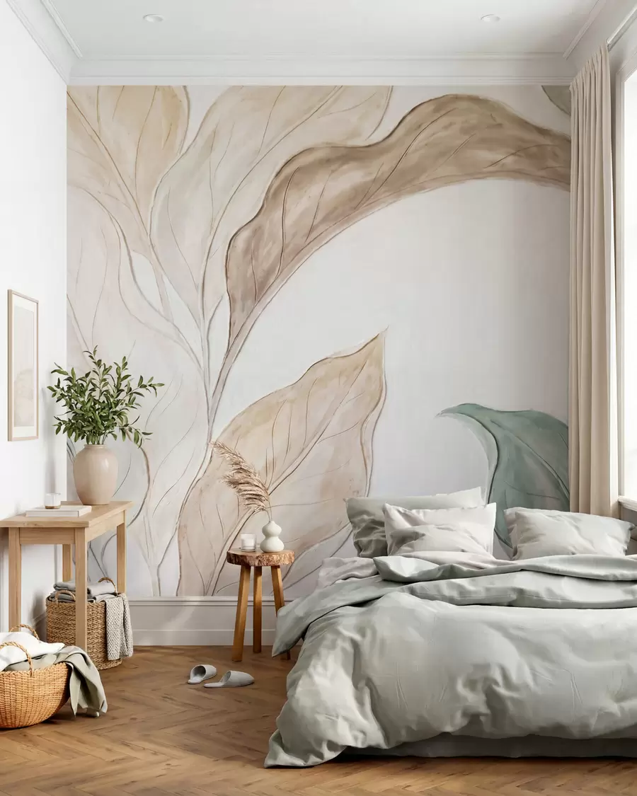 murales de pared Imitación de hojas delicadas de color beige verdoso, moldeadas en relieve w09991
