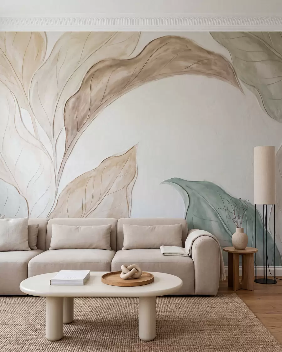 murales de pared Imitación de hojas delicadas de color beige verdoso, moldeadas en relieve w09991
