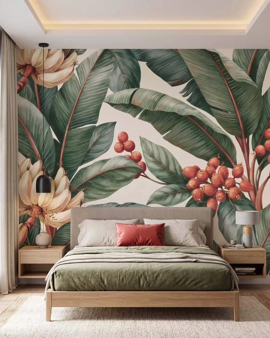 murales de pared Hojas de plátano tropicales con racimos de bayas de café rojas, estilo acuarela w09997