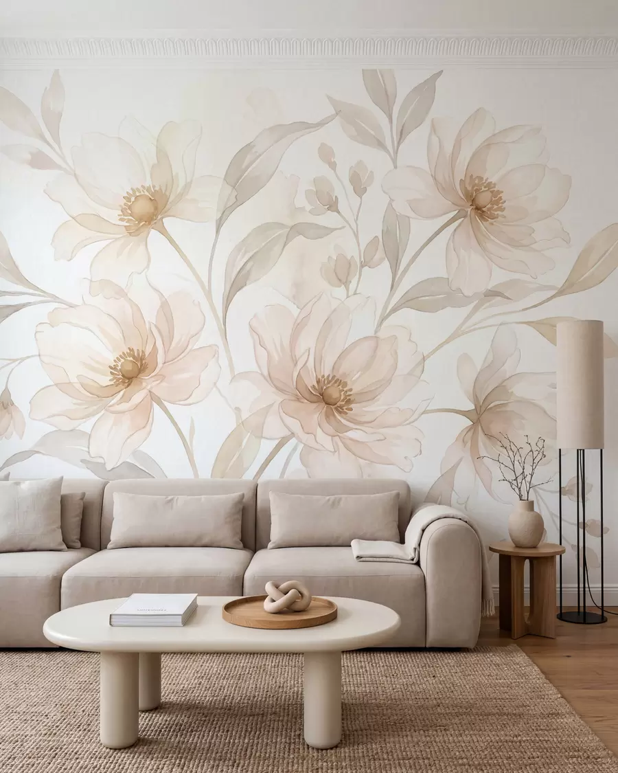 murales de pared Peonías etéreas en suaves tonos beige empolvado w10002