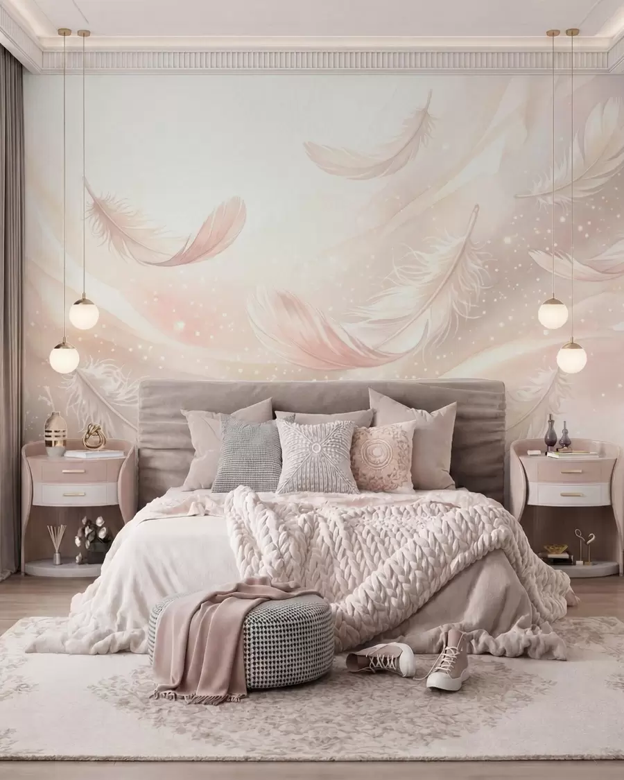 murales de pared Plumas delicadas y etéreas en una neblina de color rosa melocotón con destellos w10003