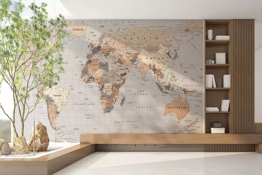 murales de pared Un mapa político del mundo en color beige con banderas en francés c00016frv1