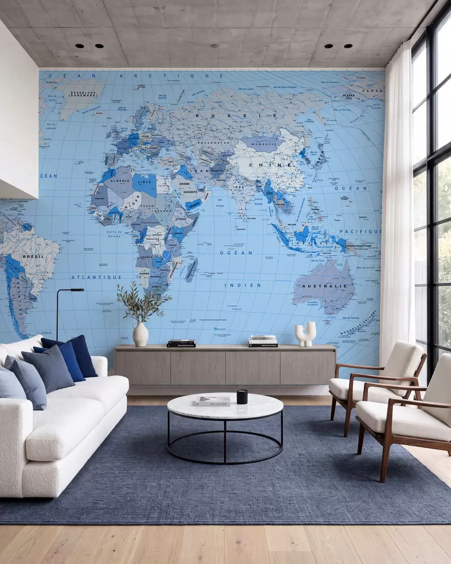 murales de pared Mapa político del mundo en azul con banderas, en francés c00016frv2