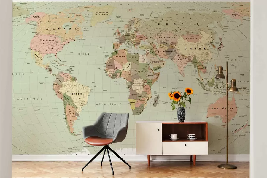 murales de pared Mapa político del mundo en color verde oliva con banderas, en francés c00016frv3