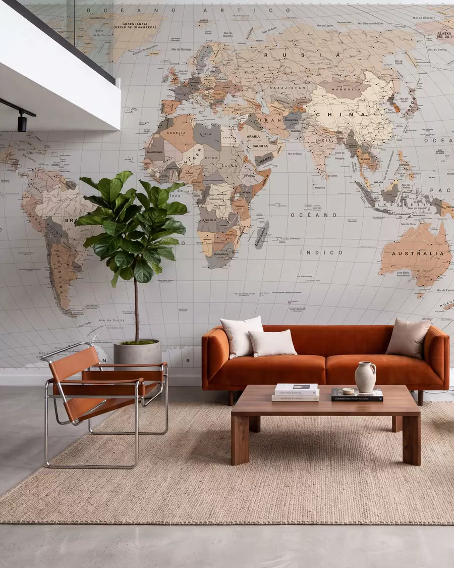 murales de pared Un mapa político del mundo en color beige con banderas en español c00016esv1