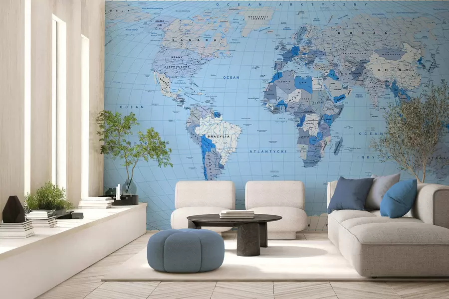 murales de pared Mapa político del mundo en azul con banderas, en polaco c00016plv2