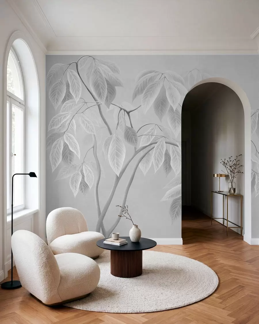 murales de pared Ramas claras con hojas grandes sobre un fondo suave w05806
