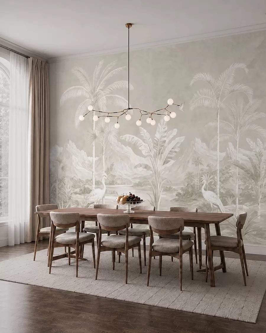 murales de pared Paisaje tropical luminoso con palmeras, pájaros y montañas w05819v1