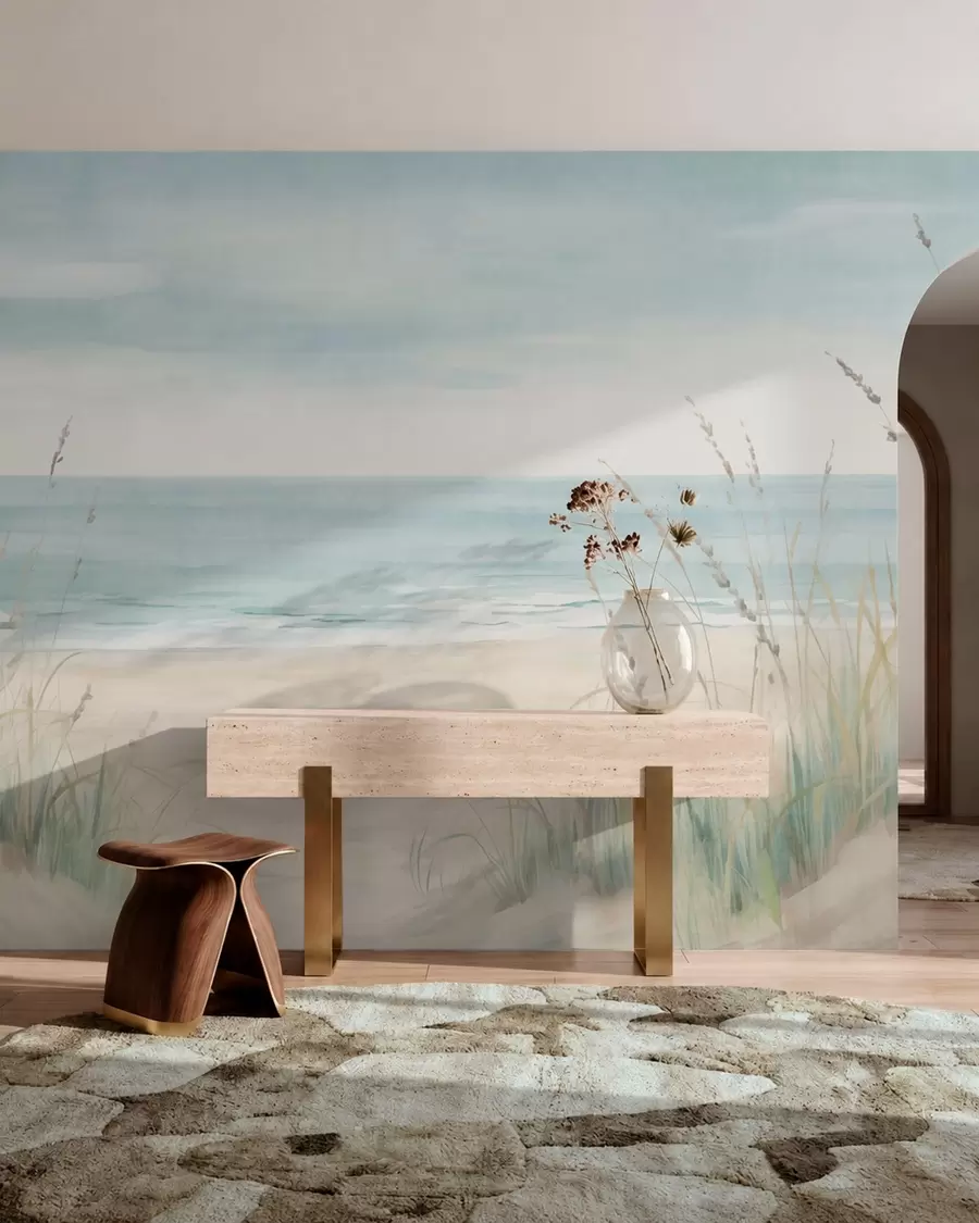 murales de pared Arena con conchas, una suave orilla y hierba en suaves tonos pastel w05821